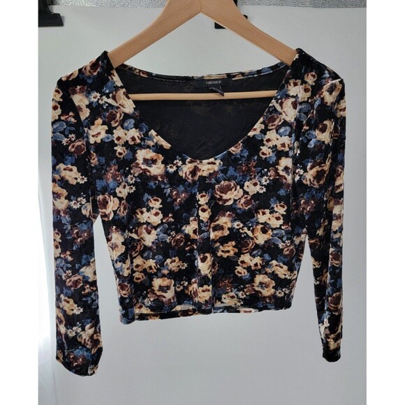 Y2K Cropped Floral Velvet Top Black Long Sleeve Forever 21 Stretch Purple - Picture 1 of 4